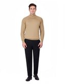 Plain Half-Neck Knitwear with Textured Sleeves - Beige
