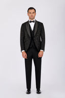 Brocade Wedding Suit with Shawl Satin Lapel - Black