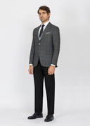 Checked Slim Fit Three-Piece Suit with Black Trim - Black
