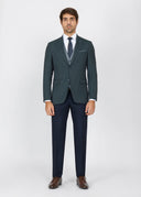 Checked Slim Fit Three-Piece Suit with Black Trim - Dark green