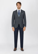 Checked Slim Fit Three-Piece Suit with Black Trim - Navy