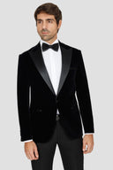 Teal Velvet Slim Fit Tuxedo Blazer with Satin Peak Lapel - Black
