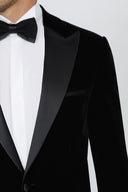 Teal Velvet Slim Fit Tuxedo Blazer with Satin Peak Lapel - Black