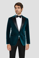 Teal Velvet Slim Fit Tuxedo Blazer with Satin Peak Lapel - Green