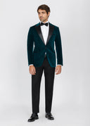 Teal Velvet Slim Fit Tuxedo Blazer with Satin Peak Lapel - Green