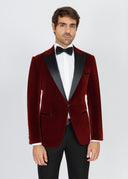 Teal Velvet Slim Fit Tuxedo Blazer with Satin Peak Lapel - Maroon