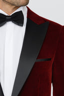 Teal Velvet Slim Fit Tuxedo Blazer with Satin Peak Lapel - Maroon