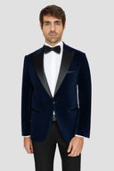 Teal Velvet Slim Fit Tuxedo Blazer with Satin Peak Lapel - Navy
