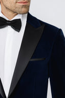 Teal Velvet Slim Fit Tuxedo Blazer with Satin Peak Lapel - Navy