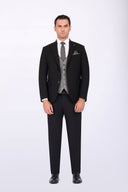 Slim Fit Suit with Notch Lapel & Double Face Vest - Black