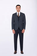 Slim Fit Checked Suit with Peak Lapel & Double-Breasted Vest - Navy