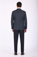 Slim Fit Checked Suit with Peak Lapel & Double-Breasted Vest - Navy
