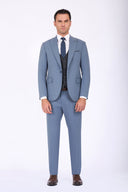 Slim Fit Suit with Peak Lapel & Single-Breasted Vest - Blue
