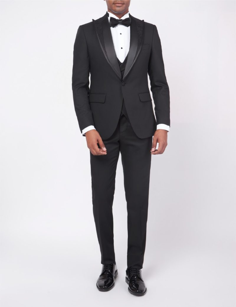 JK35SF18M003-Black-044-1 Slim-Fit Tuxedo Suit with Removable Lapel & Double-Breasted Vest