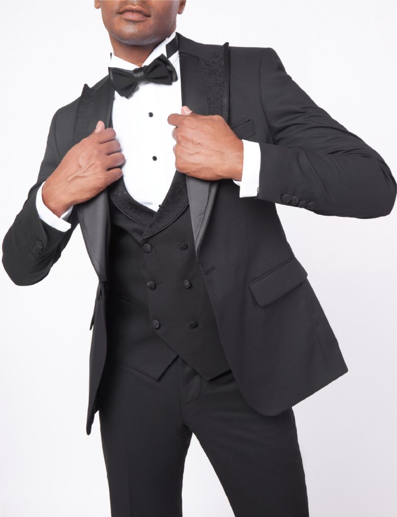 JK35SF18M003-Black-044-5 Slim-Fit Tuxedo Suit with Removable Lapel & Double-Breasted Vest