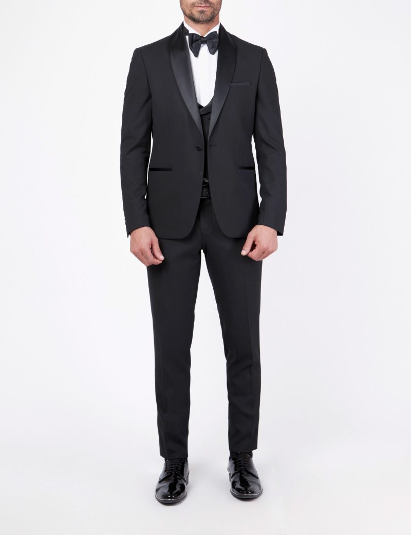 Slim-Fit Tuxedo Suit with Shawl Satin Lapel & Double-Breasted Vest