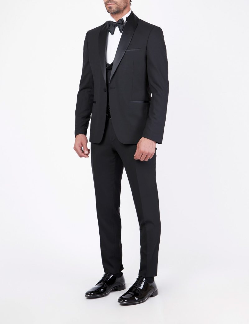 Slim-Fit Tuxedo Suit with Shawl Satin Lapel & Double-Breasted Vest