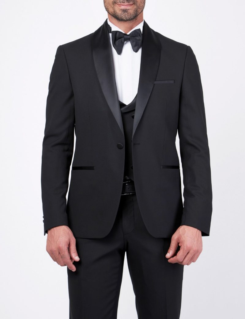 Slim-Fit Tuxedo Suit with Shawl Satin Lapel & Double-Breasted Vest