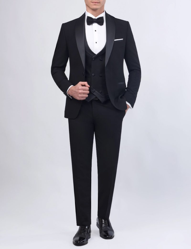JK37SF18M075-Black-001-1 Tuxedo Suit with Shawl Satin Lapel & Double-Breasted Vest