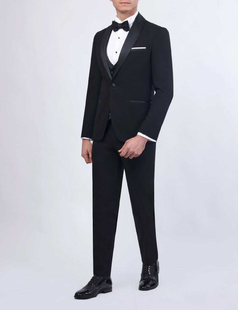 JK37SF18M075-Black-001-2 Tuxedo Suit with Shawl Satin Lapel & Double-Breasted Vest