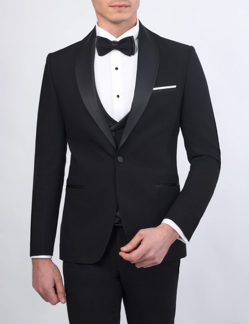 JK37SF18M075-Black-001-4 Tuxedo Suit with Shawl Satin Lapel & Double-Breasted Vest