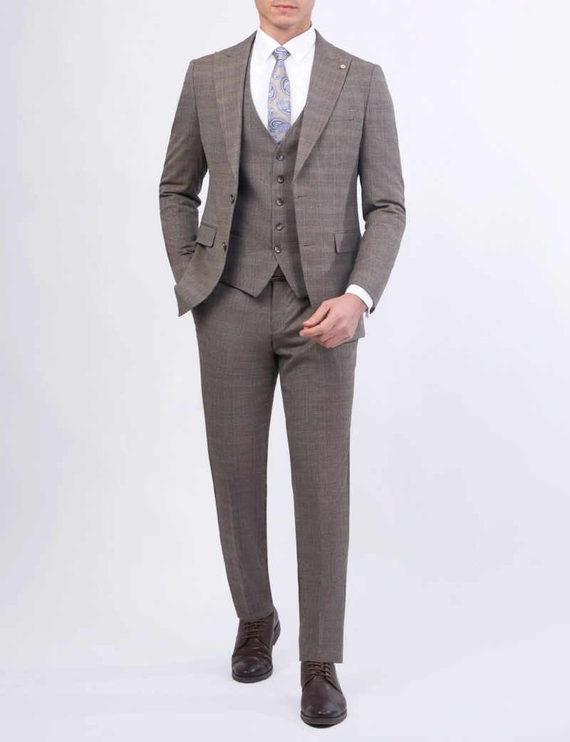 JK38SF02M105-Coffee-016-1 Checked Slim-Fit 3-Piece Classic Suit