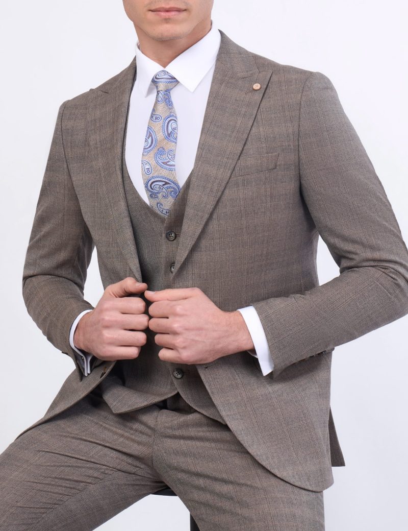 JK38SF02M105-Coffee-016-4 Checked Slim-Fit 3-Piece Classic Suit