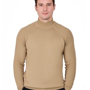 Plain Half-Neck Knitwear with Textured Sleeves