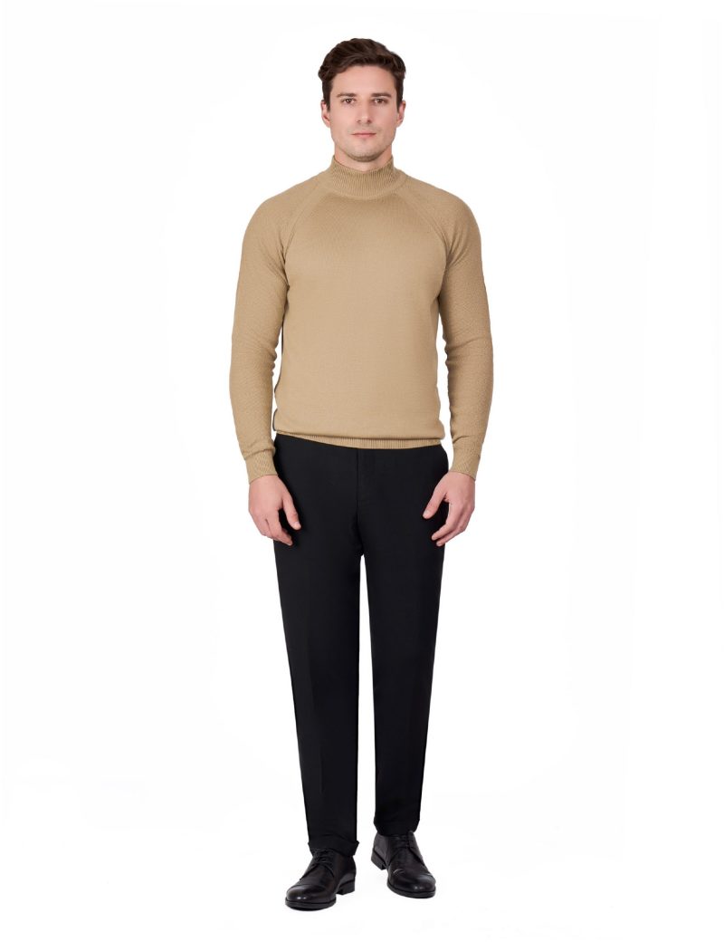 Plain Half-Neck Knitwear with Textured Sleeves