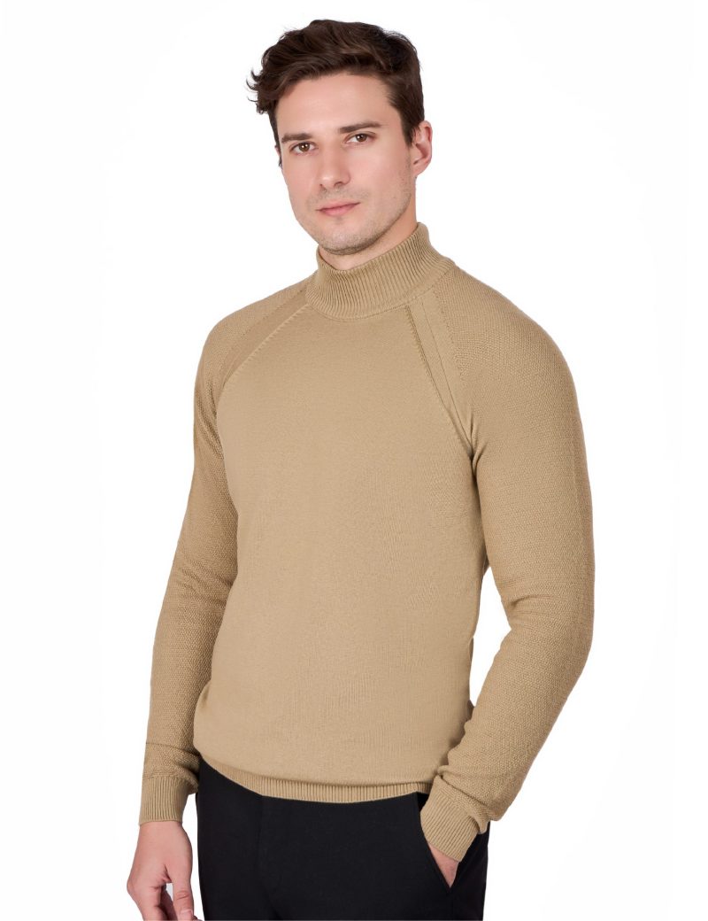 Plain Half-Neck Knitwear with Textured Sleeves