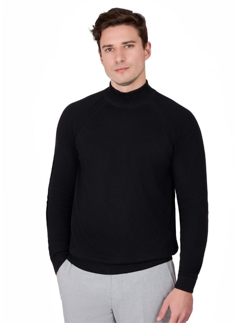 JK38SF06M018-Black-001-1 Plain Half-Neck Knitwear with Textured Sleeves