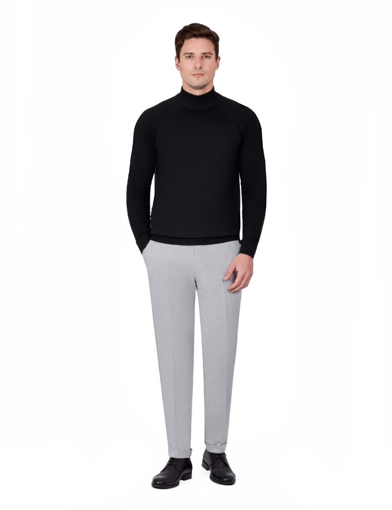 JK38SF06M018-Black-001-3 Plain Half-Neck Knitwear with Textured Sleeves