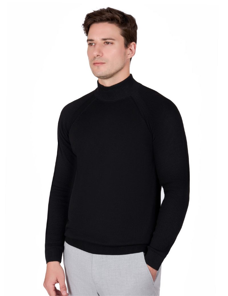 JK38SF06M018-Black-001-5 Plain Half-Neck Knitwear with Textured Sleeves