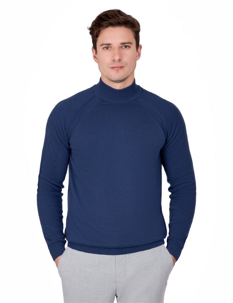 JK38SF06M018-Navy-046-1 Plain Half-Neck Knitwear with Textured Sleeves