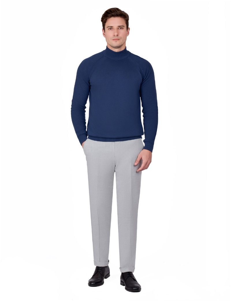 JK38SF06M018-Navy-046-3 Plain Half-Neck Knitwear with Textured Sleeves