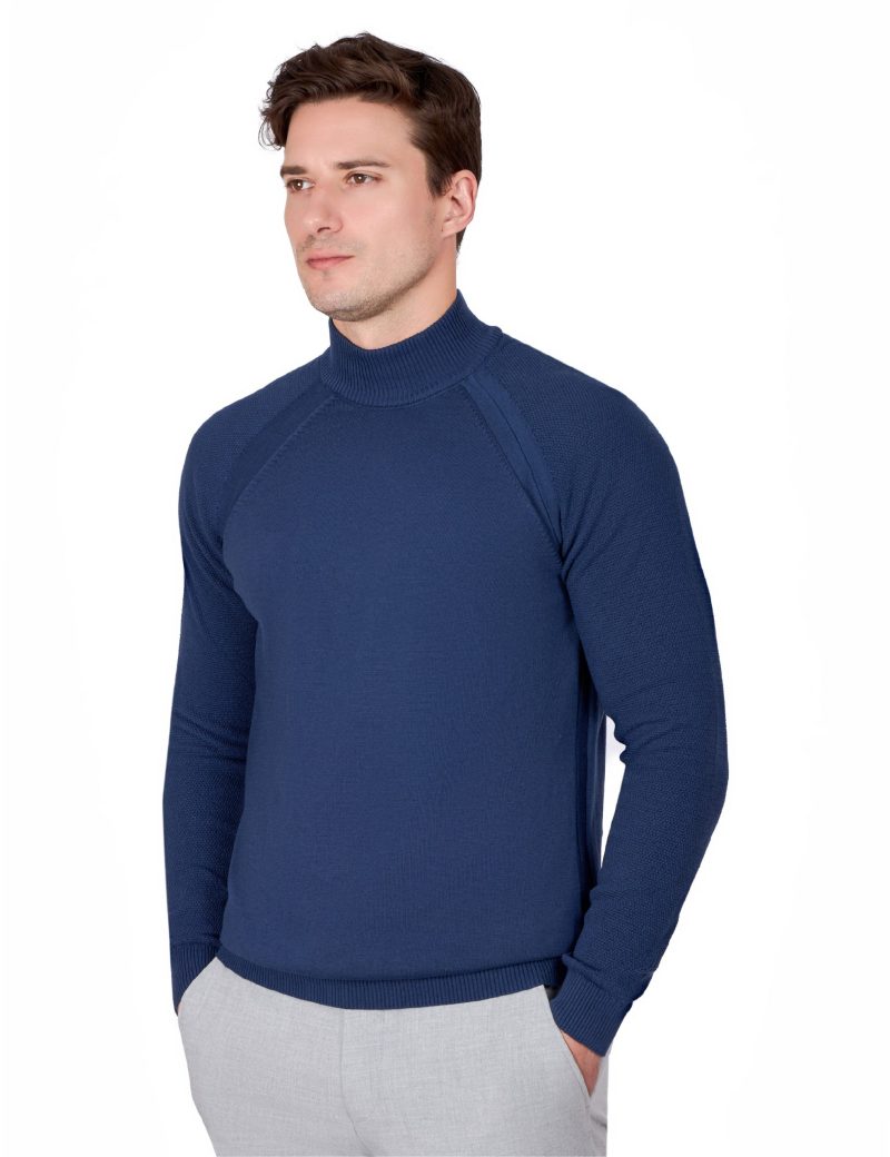 JK38SF06M018-Navy-046-5 Plain Half-Neck Knitwear with Textured Sleeves