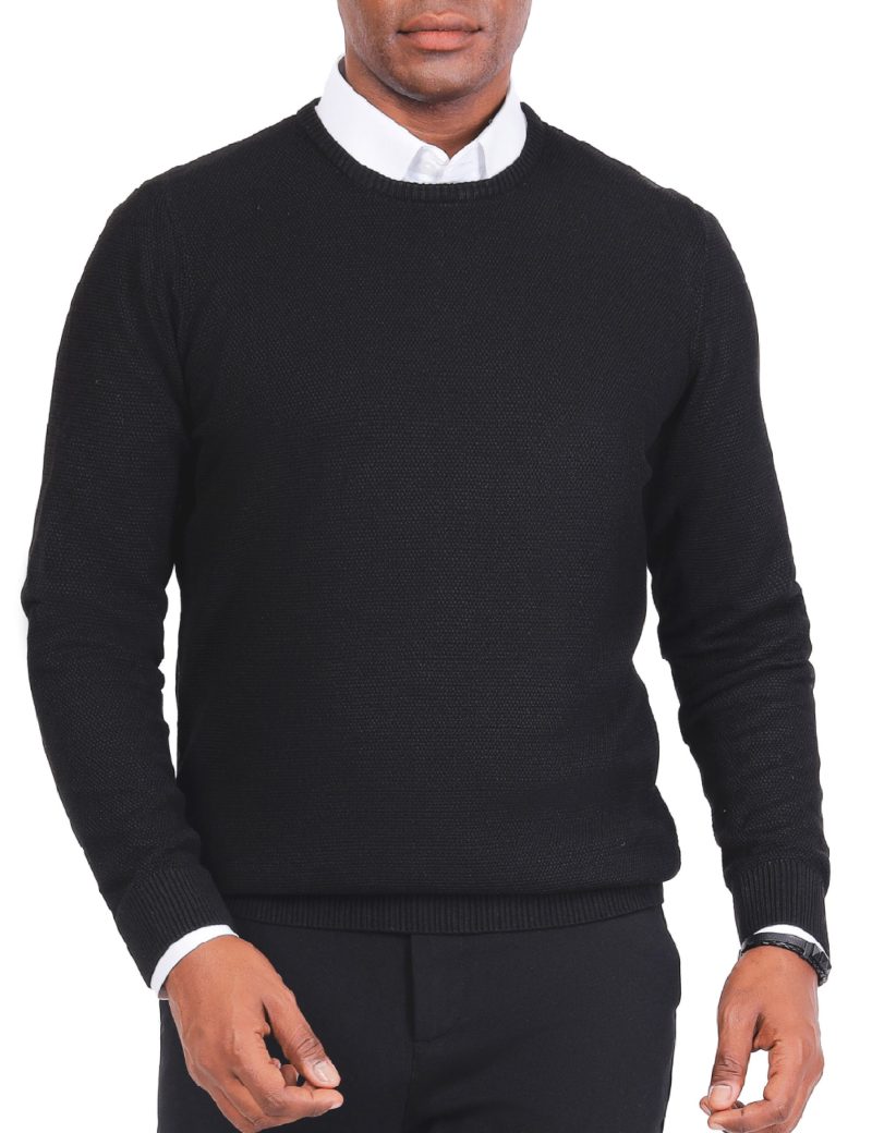 JK38SF06M021-Black-001-1 Textured Pullover with a Round Neck