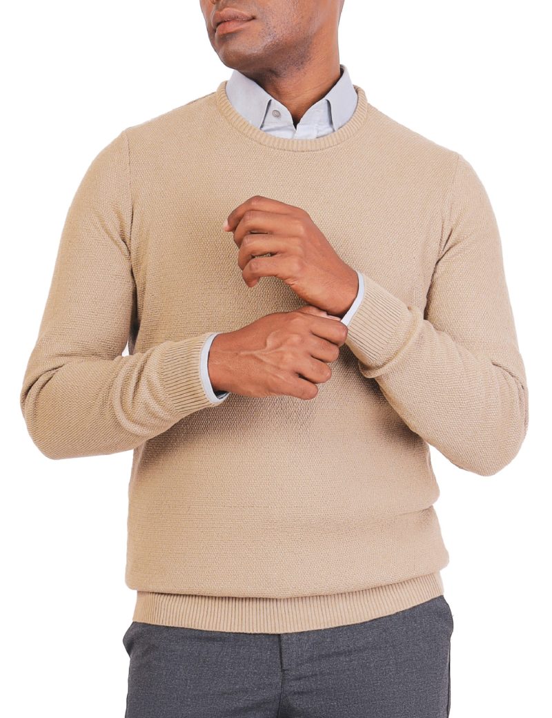 JK38SF06M021-Coffee-028-1 Textured Pullover with a Round Neck