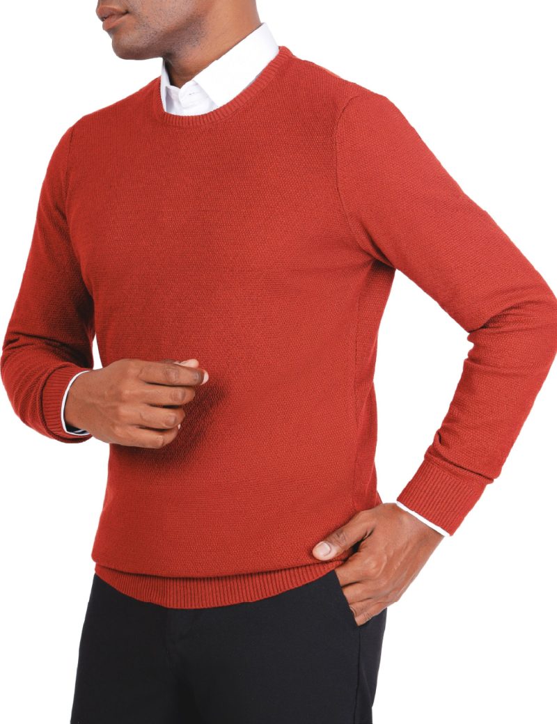 JK38SF06M021-Rust-brown-059-3 Textured Pullover with a Round Neck