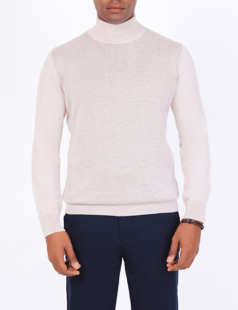 JK38SF06M029-Beige-028-1 Striped Pullover with a High Neck
