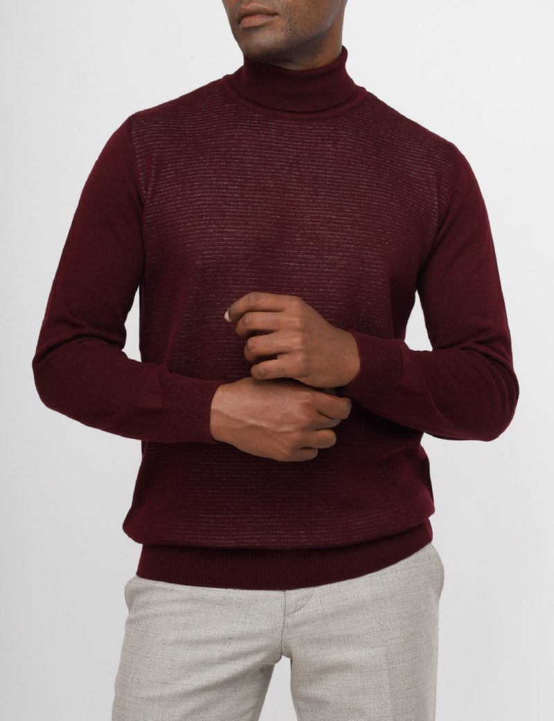 JK38SF06M029-Maroon-043-1 Striped Pullover with a High Neck