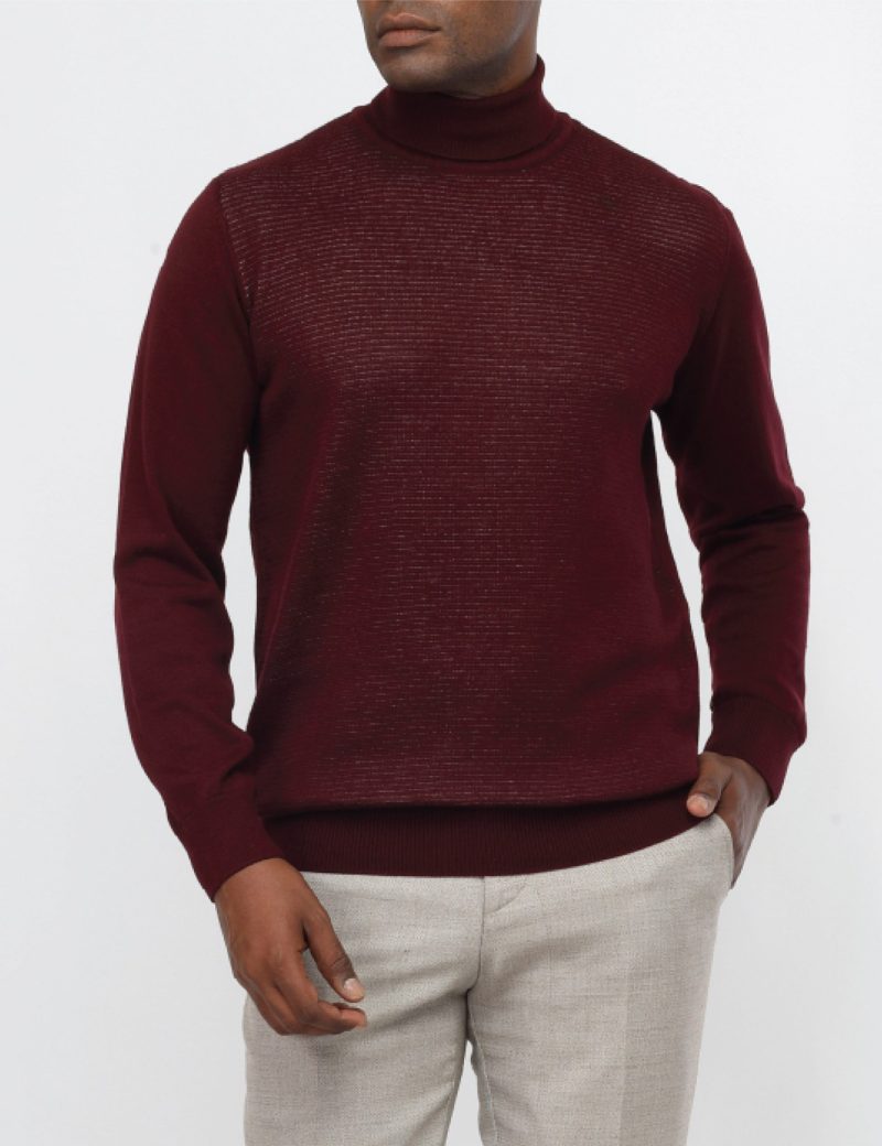 JK38SF06M029-Maroon-043-4 Striped Pullover with a High Neck