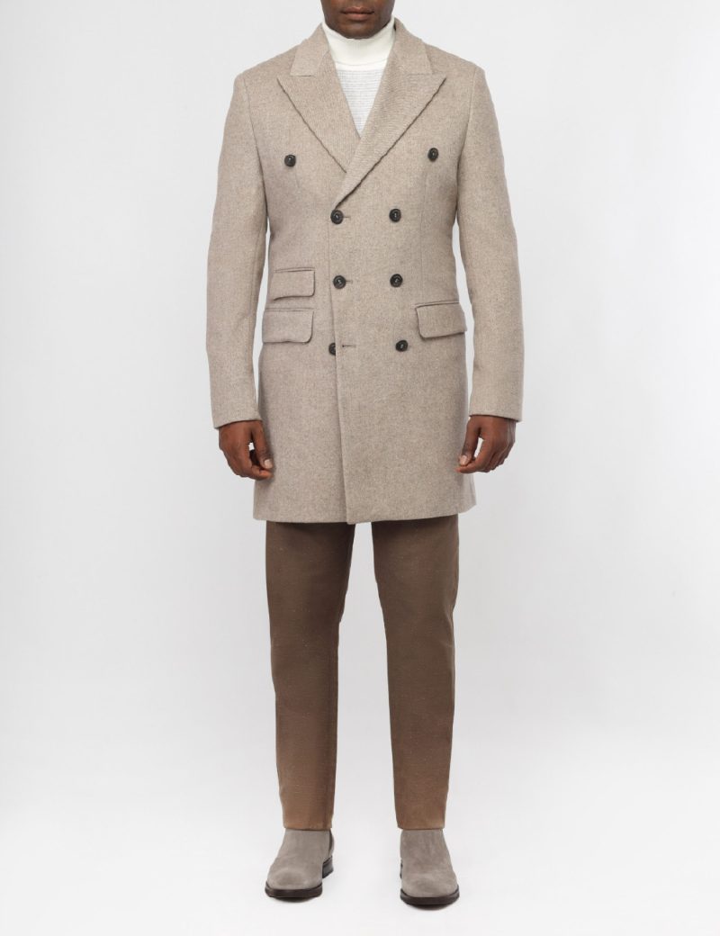 JK38SF10M002-Beige-899-1 Double-Breasted Slim-Fit Classic Coat