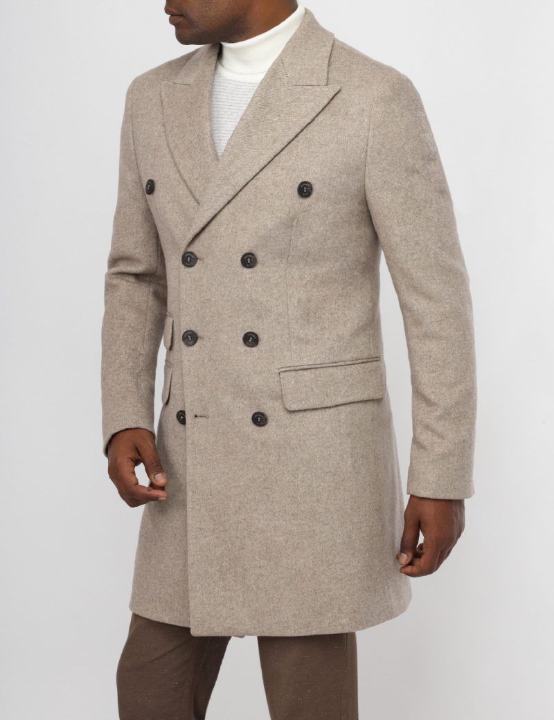 JK38SF10M002-Beige-899-3 Double-Breasted Slim-Fit Classic Coat
