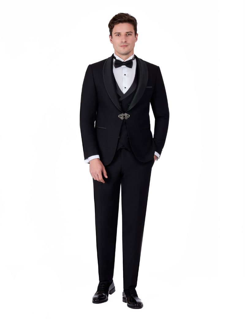 JK39SF18M014-Black-645-1 Tuxedo Wedding Suit with Shawl Plissé Satin Lapel