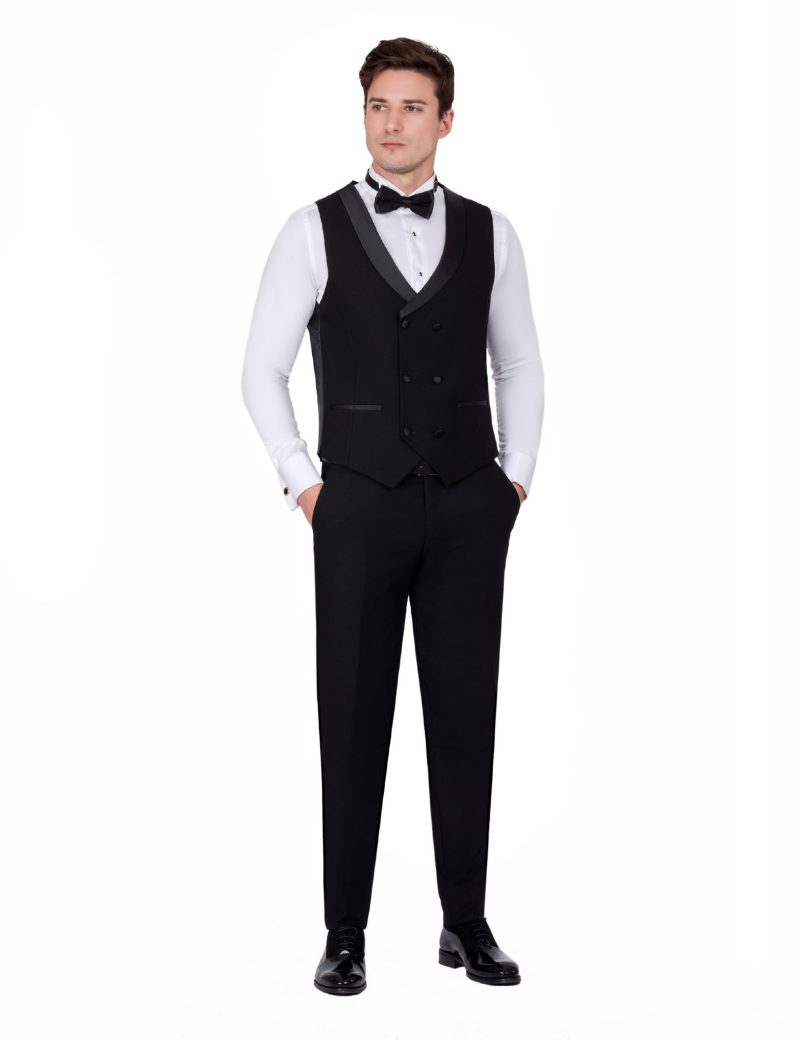 JK39SF18M014-Black-645-3 Tuxedo Wedding Suit with Shawl Plissé Satin Lapel