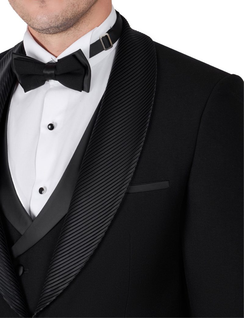 JK39SF18M014-Black-645-6 Tuxedo Wedding Suit with Shawl Plissé Satin Lapel