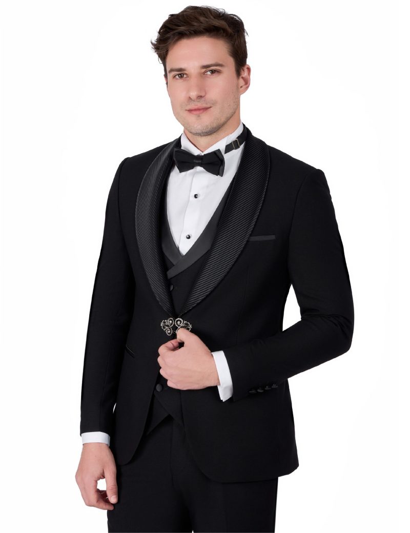 JK39SF18M014-Black-645-7 Tuxedo Wedding Suit with Shawl Plissé Satin Lapel