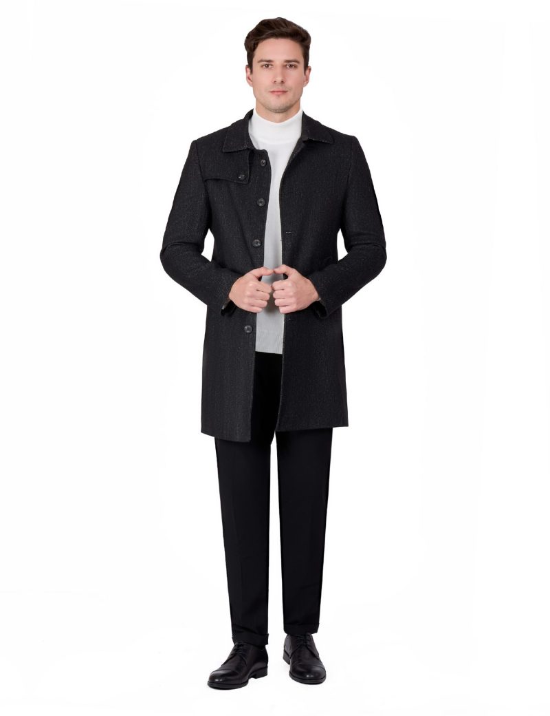 JK40CF10M002-Black-001-1 Comfort Fit Herringbone Coat with Waist Belt