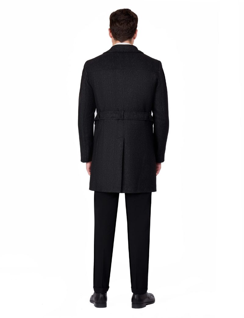 JK40CF10M002-Black-001-2 Comfort Fit Herringbone Coat with Waist Belt